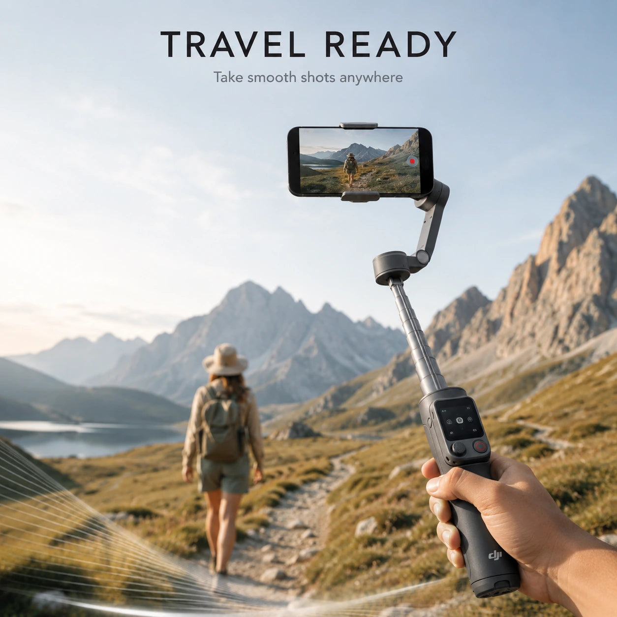 DJI Osmo Mobile 8P Standard Combo filming smooth travel footage in a scenic outdoor setting at Gadgets Online NZ LTD