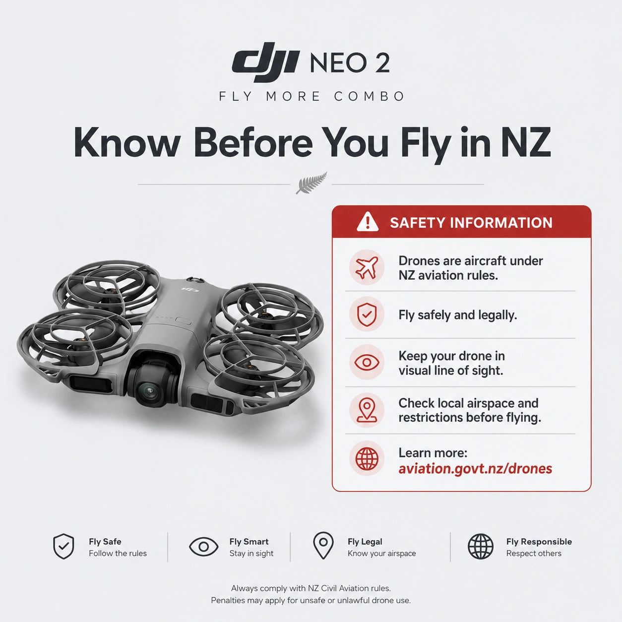 DJI Neo 2 Fly More Combo New Zealand drone safety information and CAA drone rules reminder