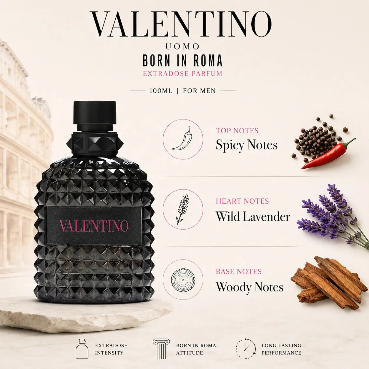 Valentino Uomo Born In Roma Extradose Parfum fragrance notes infographic with spicy notes, wild lavender and woody notes at Gadgets Online NZ