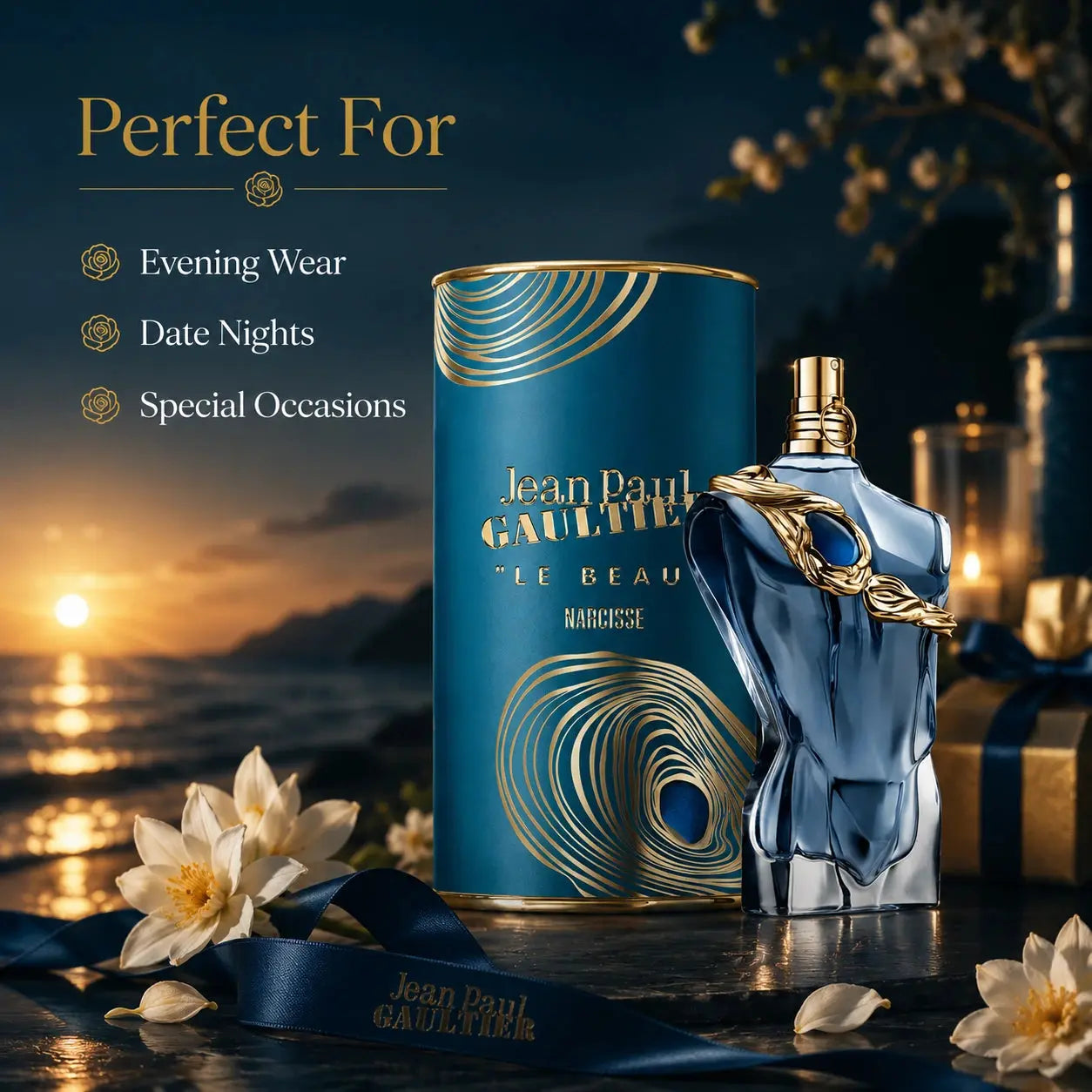Jean Paul Gaultier Le Beau Narcisse EDP 75ml perfect for image showing evening wear date nights and special occasions at Gadgets Online NZ