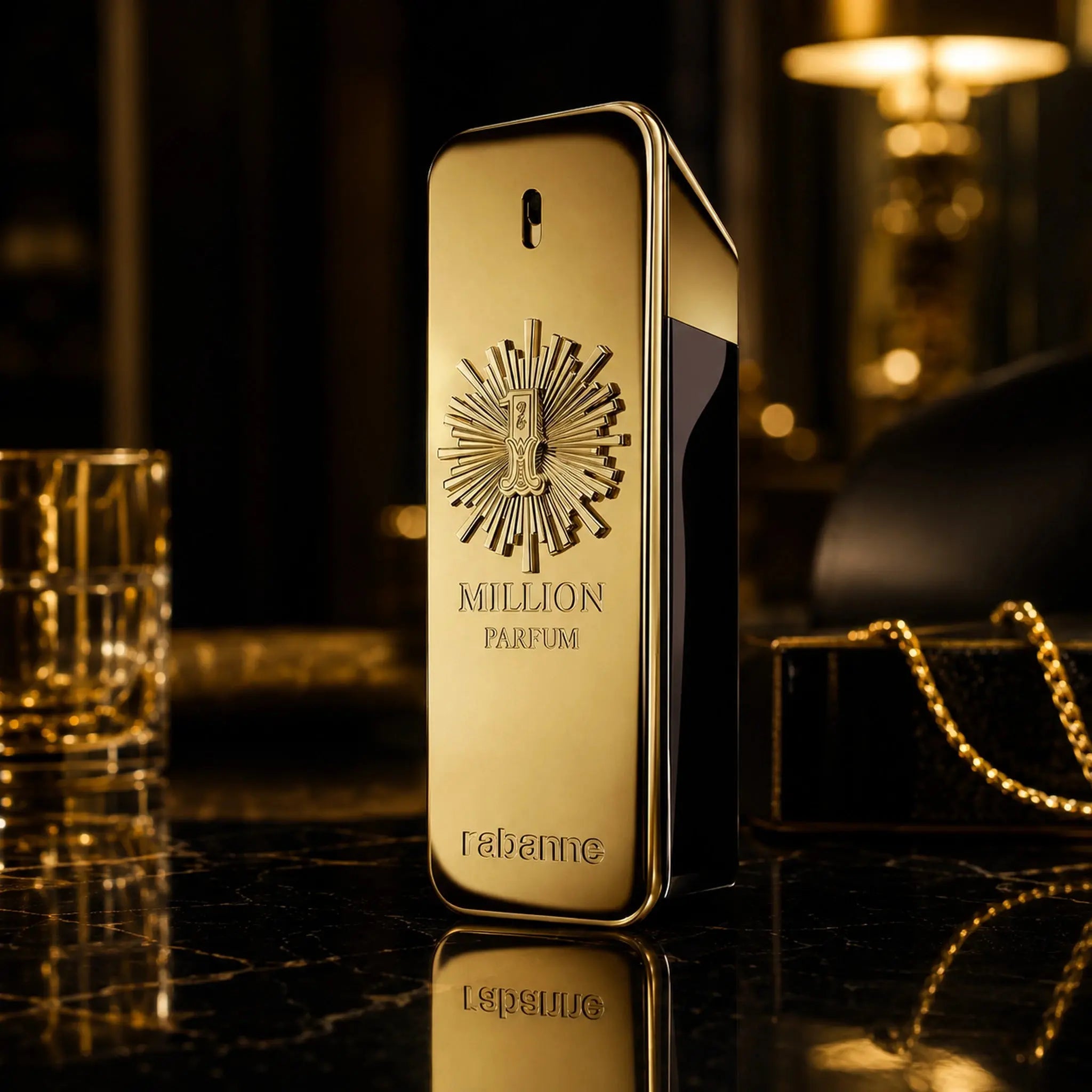 Gold perfume bottle with 'MILLION' branding on a reflective surface.