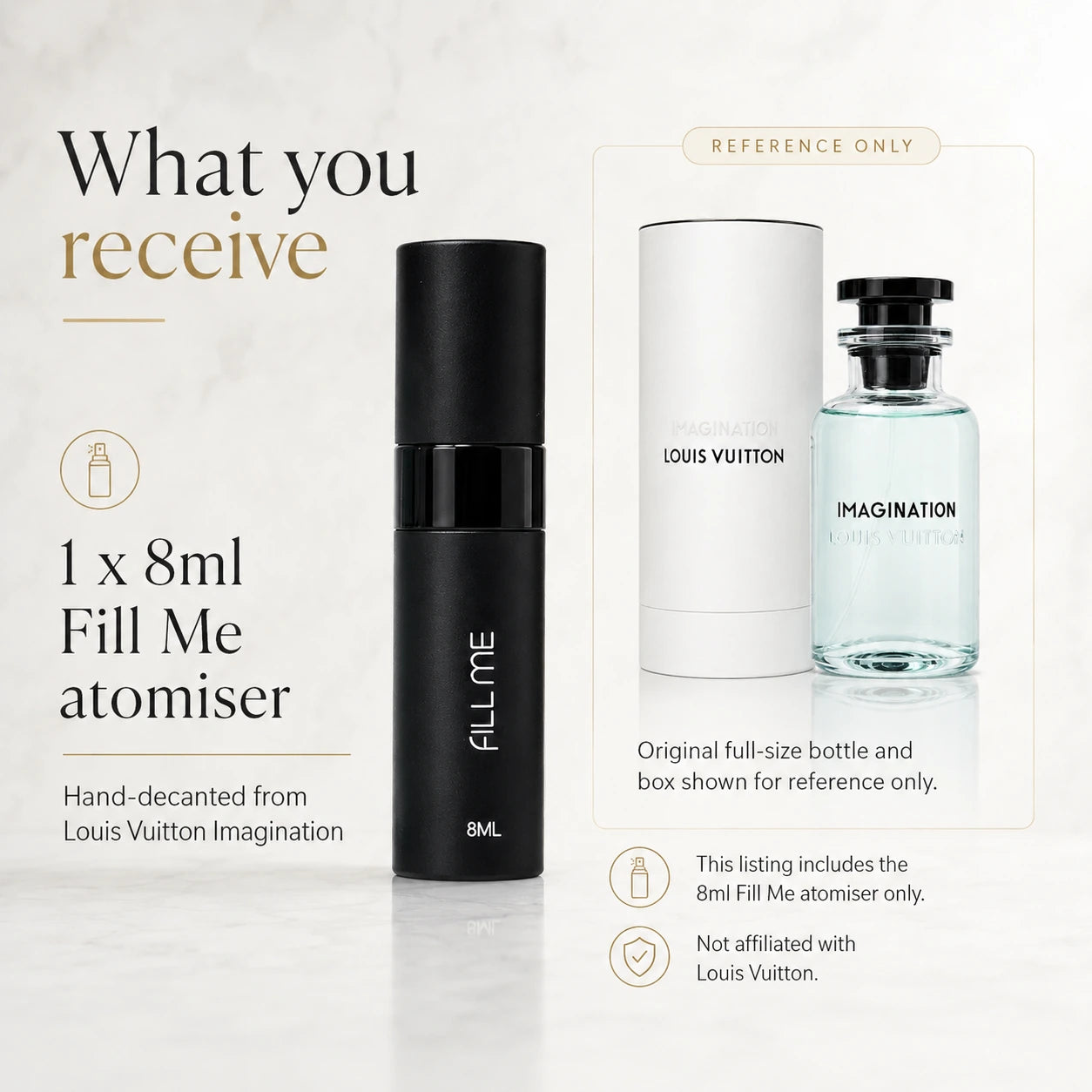 Louis Vuitton Imagination 8ml Fill Me atomiser image explaining that the listing includes one 8ml hand-decanted travel atomiser and the full-size bottle and box are shown for reference only.