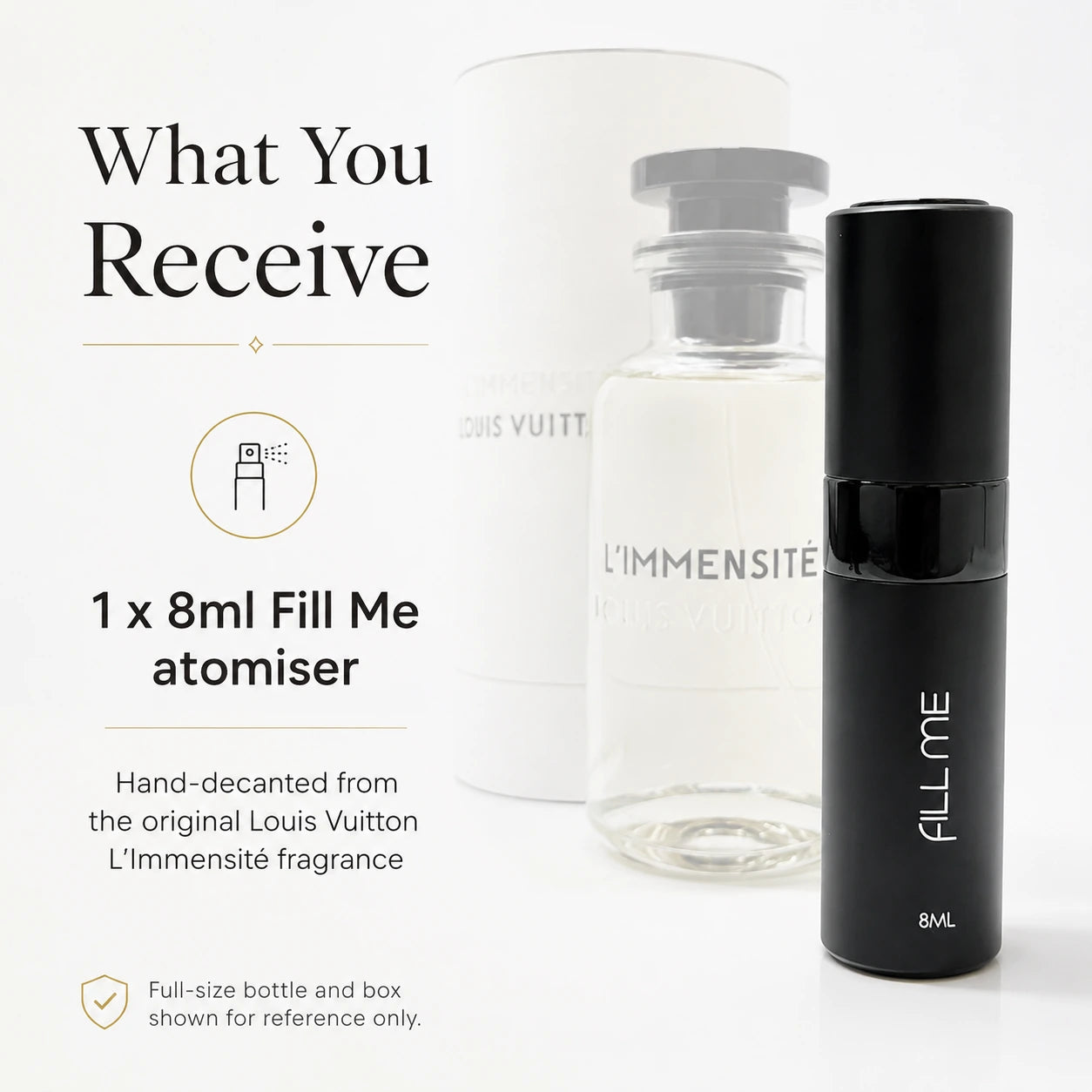 Louis Vuitton L'Immensité 8ml decant what-you-receive image explaining that the order includes one 8ml Fill Me atomiser hand-decanted from the original fragrance.