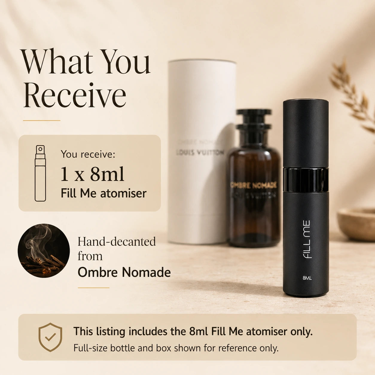 What you receive image for Louis Vuitton Ombre Nomade 8ml decant showing one Fill Me atomiser, with full-size bottle and box shown for reference only.