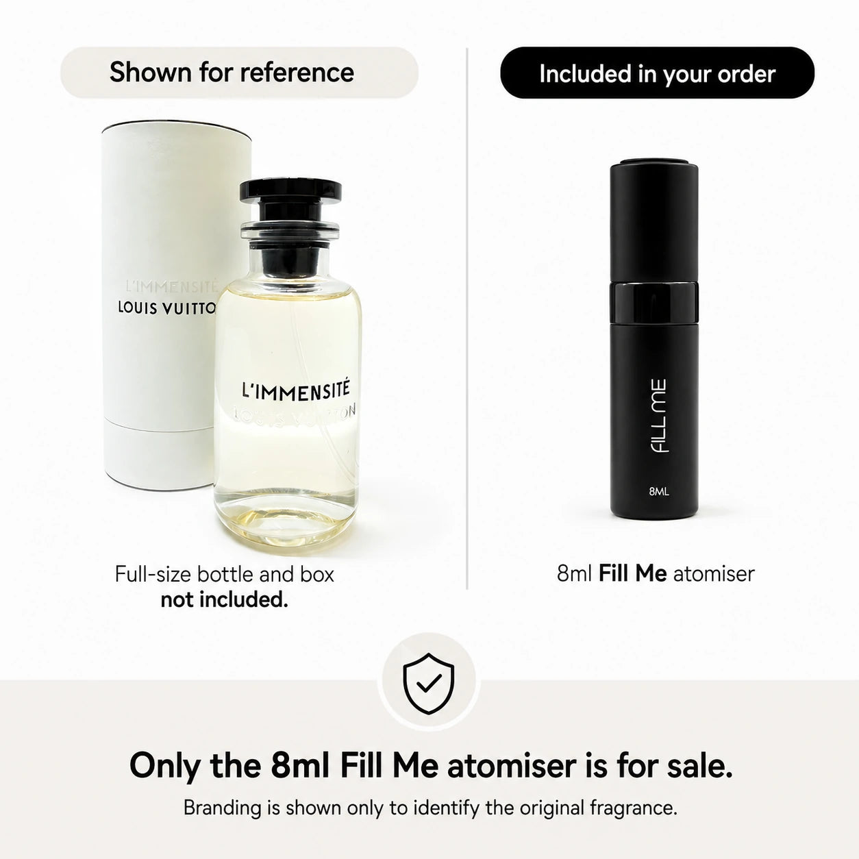 Louis Vuitton L'Immensité 8ml decant comparison image showing full-size bottle and box for reference only and the included 8ml Fill Me atomiser for sale.