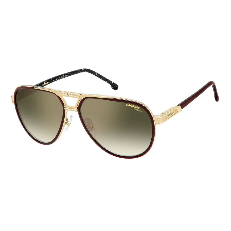Carrera 1076/S men's hexagonal pilot sunglasses in black and red stainless steel. The lenses feature a unique green ombré gold mirror finish with an anti-reflective coating.