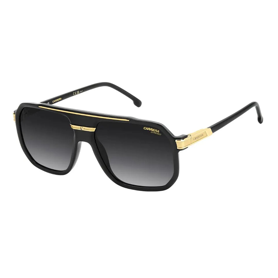 Carrera 1077/S men's rectangular sunglasses in matte black and gold. The full-rim frame features dark grey shaded lenses and the signature Carrera logo on the temples.