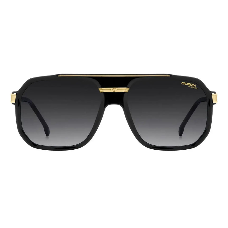 Carrera 1077/S men's rectangular Sunglasses with black gradient lenses and gold accents on a white background