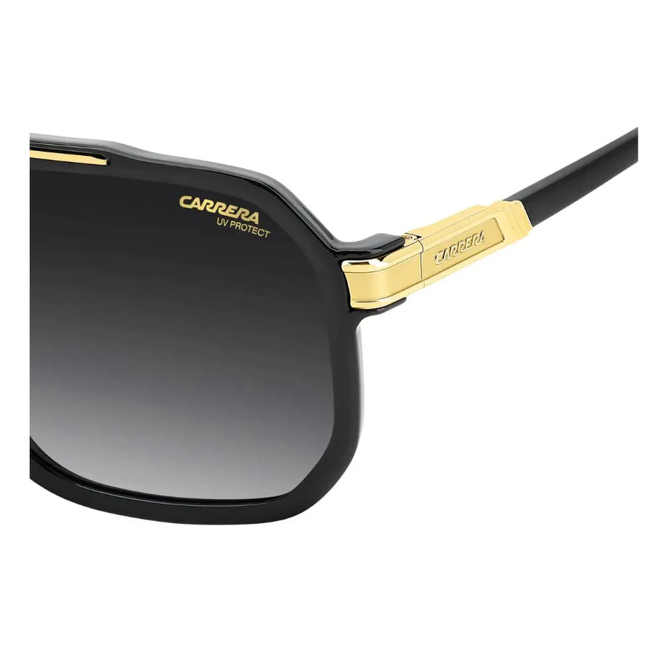 Carrera 1077/S men's rectangular Sunglasses with black frame and gold accents on a white background