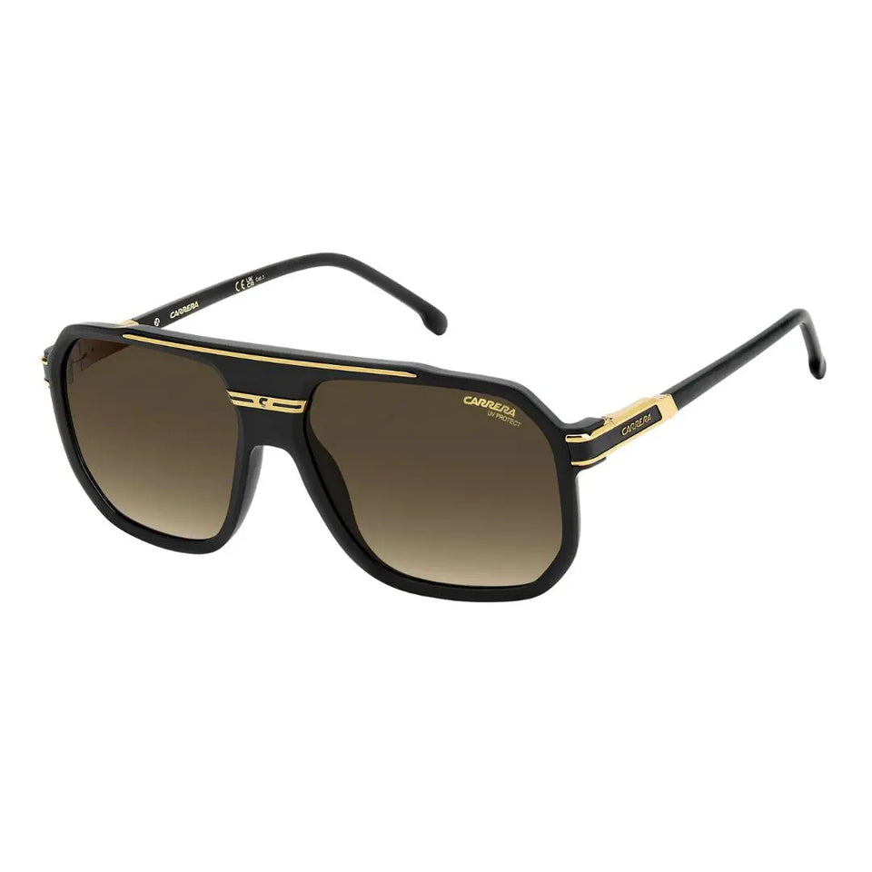 Carrera 1077/S men's rectangular sunglasses in matte black with gold accents. The frame features dark brown-green lenses with an anti-reflective coating and the signature Carrera logo.
