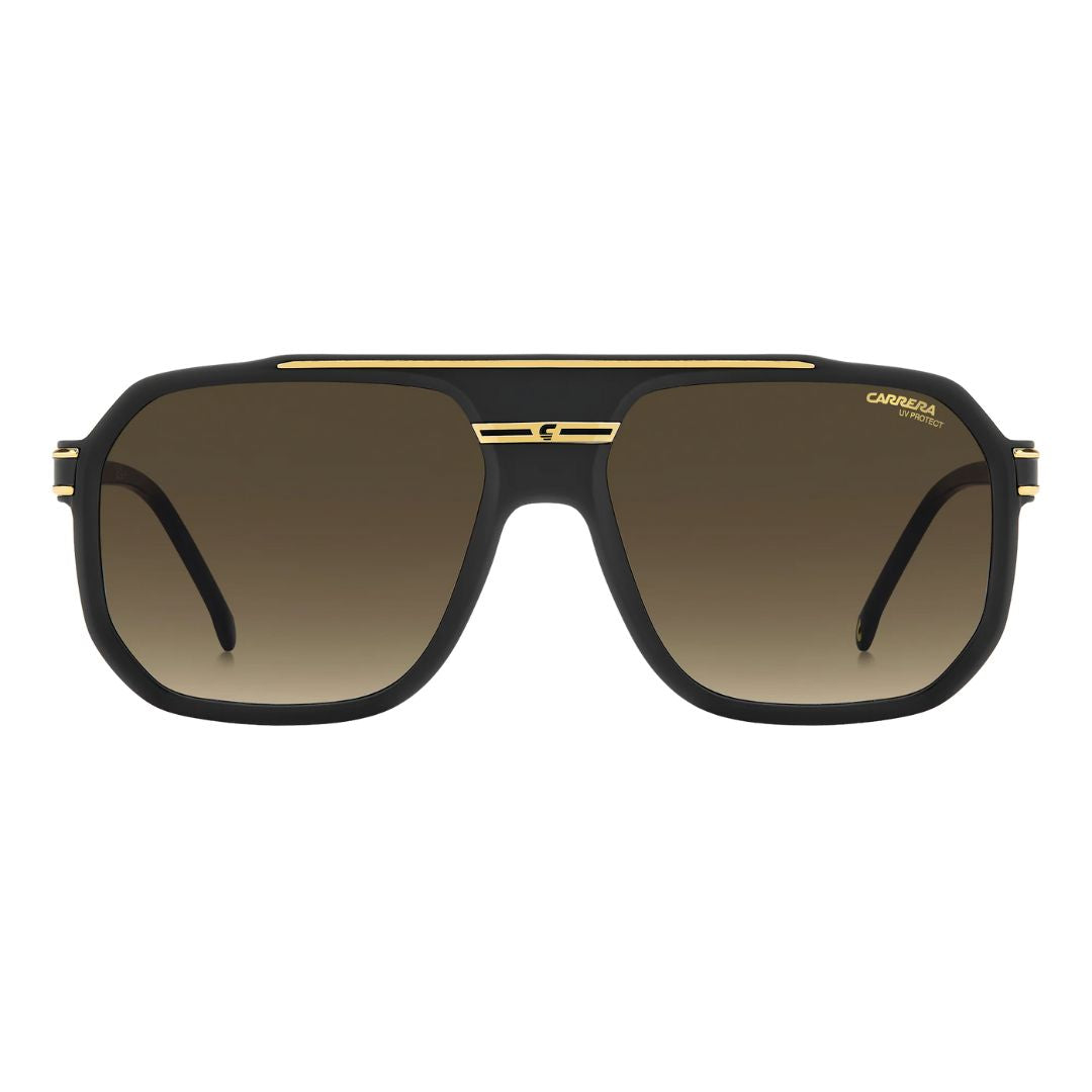 Carrera 1077/S men's rectangular Sunglasses with black frame and gold accents on a white background