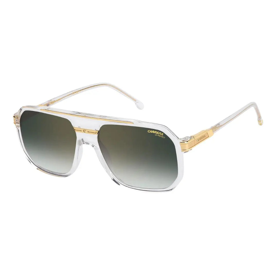 Carrera 1077/S men's rectangular sunglasses featuring a transparent crystal frame with gold accents. The lenses feature an iridescent green ombré gold mirror finish.