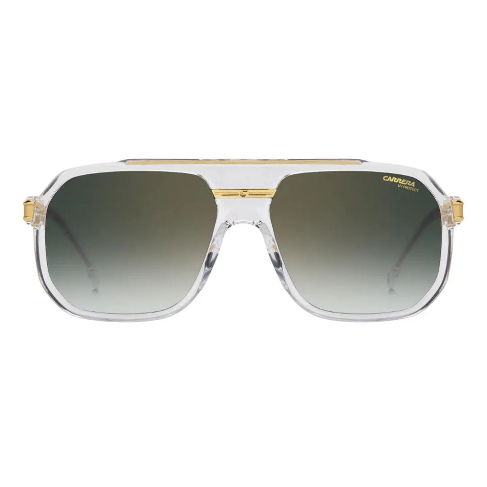 Carrera 1077/S men's rectangular sunglasses with gold frame and clear arms on a white background