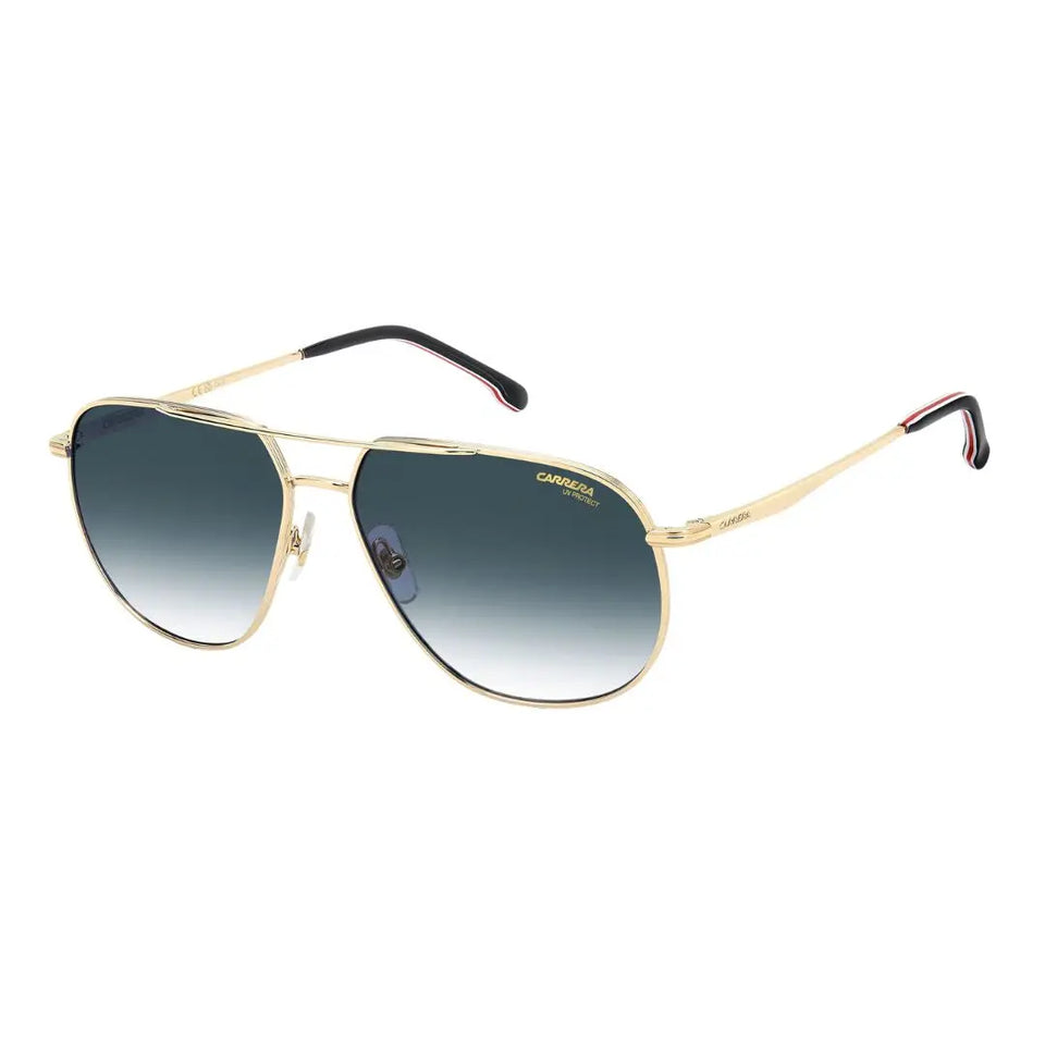 Carrera 363/S men's pilot sunglasses featuring a gold stainless steel frame with black and red accents. The blue gradient lenses offer a sophisticated, high-performance look.