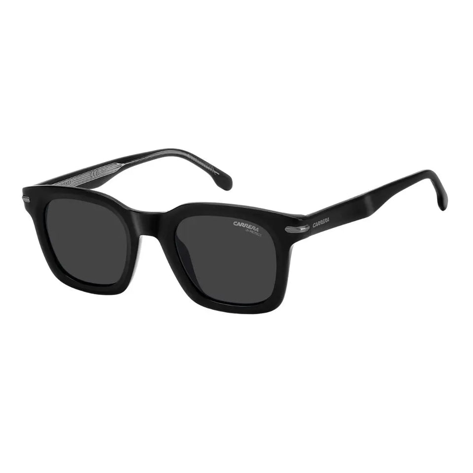 Carrera 365/S men's rectangular sunglasses in black and dark ruthenium. The premium acetate frame features solid grey lenses and signature Carrera branding on the temples.