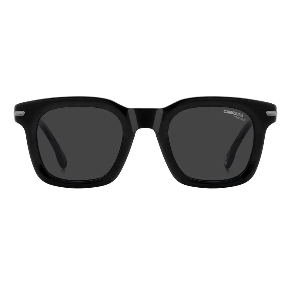 Carrera 365/S men's rectangular Black sunglasses with dark lenses on a white background