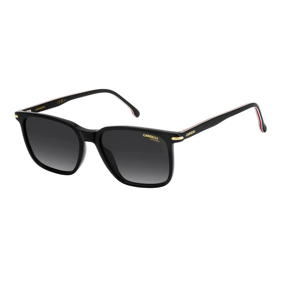 Carrera 367/S men's rectangular sunglasses featuring a bold black and red acetate frame. The dark grey shaded lenses are complemented by the iconic Carrera logo on the temples.