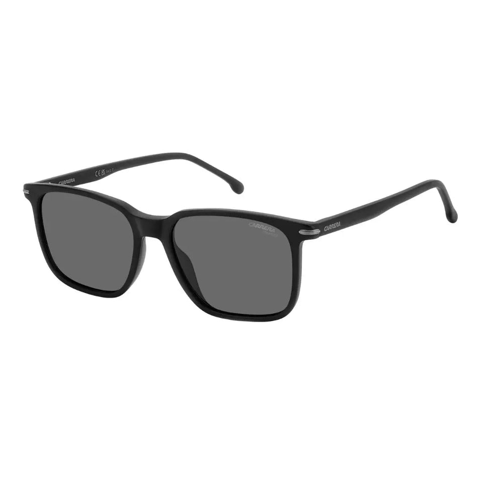 Carrera 367/S men's rectangular sunglasses in matte black. The full-rim acetate frame features polarized grey lenses and the iconic Carrera logo on the temples.