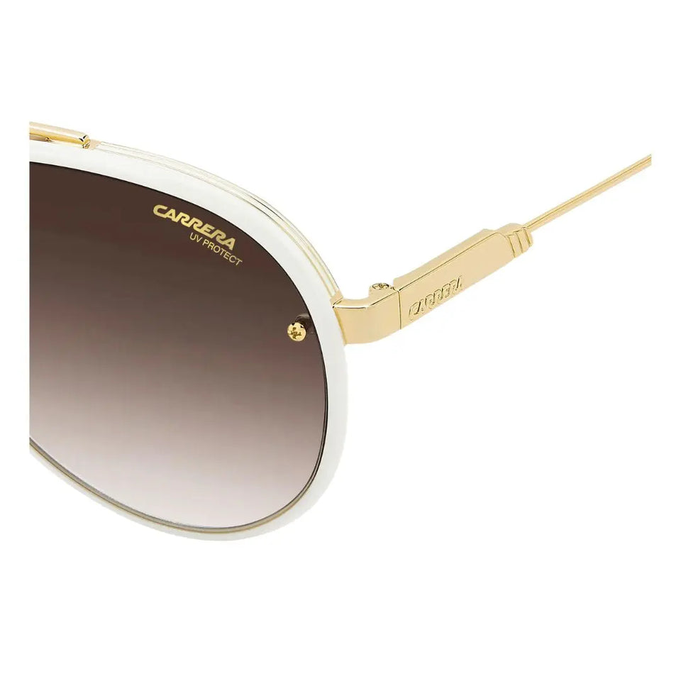 Side look Carrera Glory unisex aviator Sunglasses with gold frame and white arm on a white background