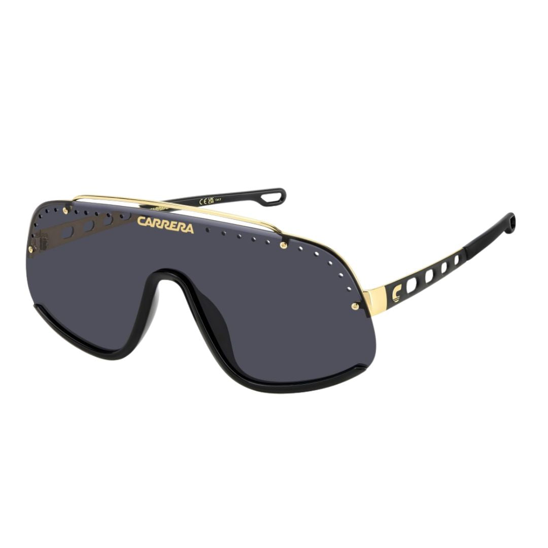 Carrera Flaglab 16 unisex mask sunglasses featuring a bold black and gold metal frame. The oversized grey shield lens includes an anti-reflective coating and signature Carrera branding.