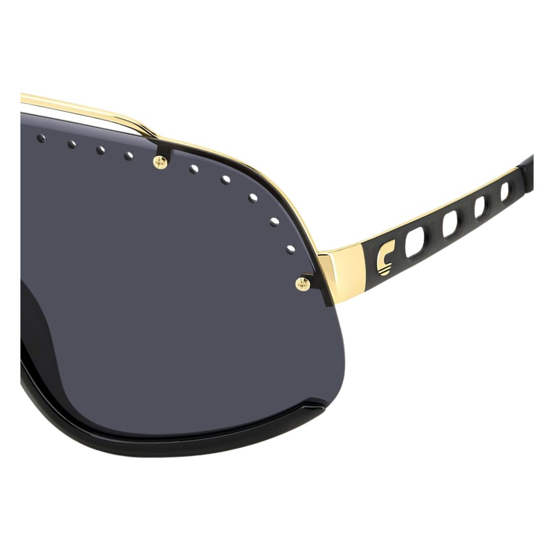 Side look of Carrera Flaglab 16 unisex mask Sunglasses with black lenses and gold frame on a white background