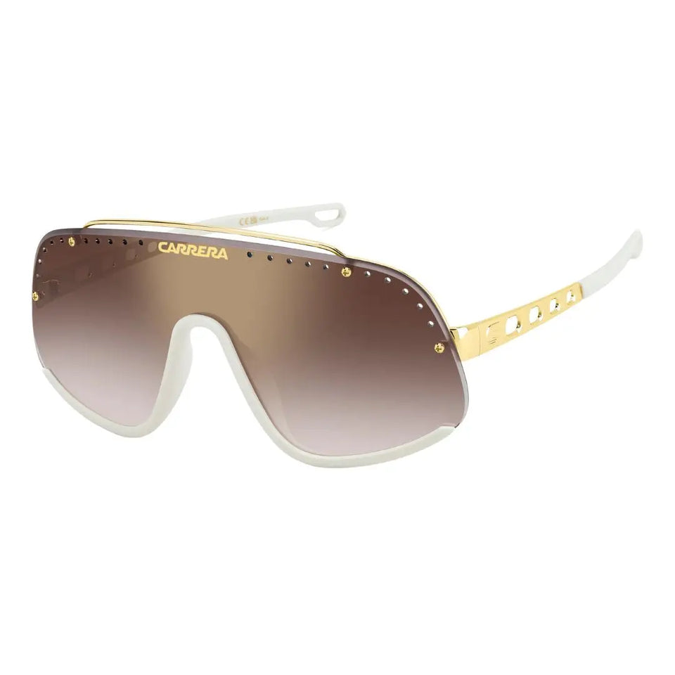Carrera Flaglab 16 unisex mask sunglasses featuring a luxurious gold metal and ivory frame. The oversized burgundy shaded lenses feature a stunning gold mirror finish and iconic Carrera branding.