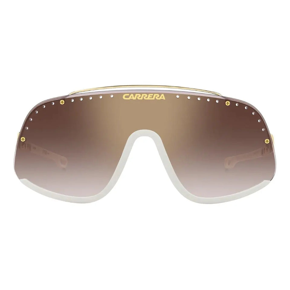 Carrera Flaglab 16 unisex mask Sunglasses with brown gradient lenses and gold frame on a white background