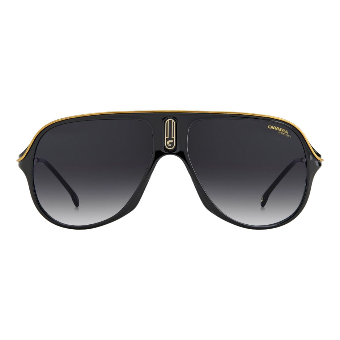 Carrera Safari65/N unisex aviator Sunglasses with gold frame and black lenses on a white background