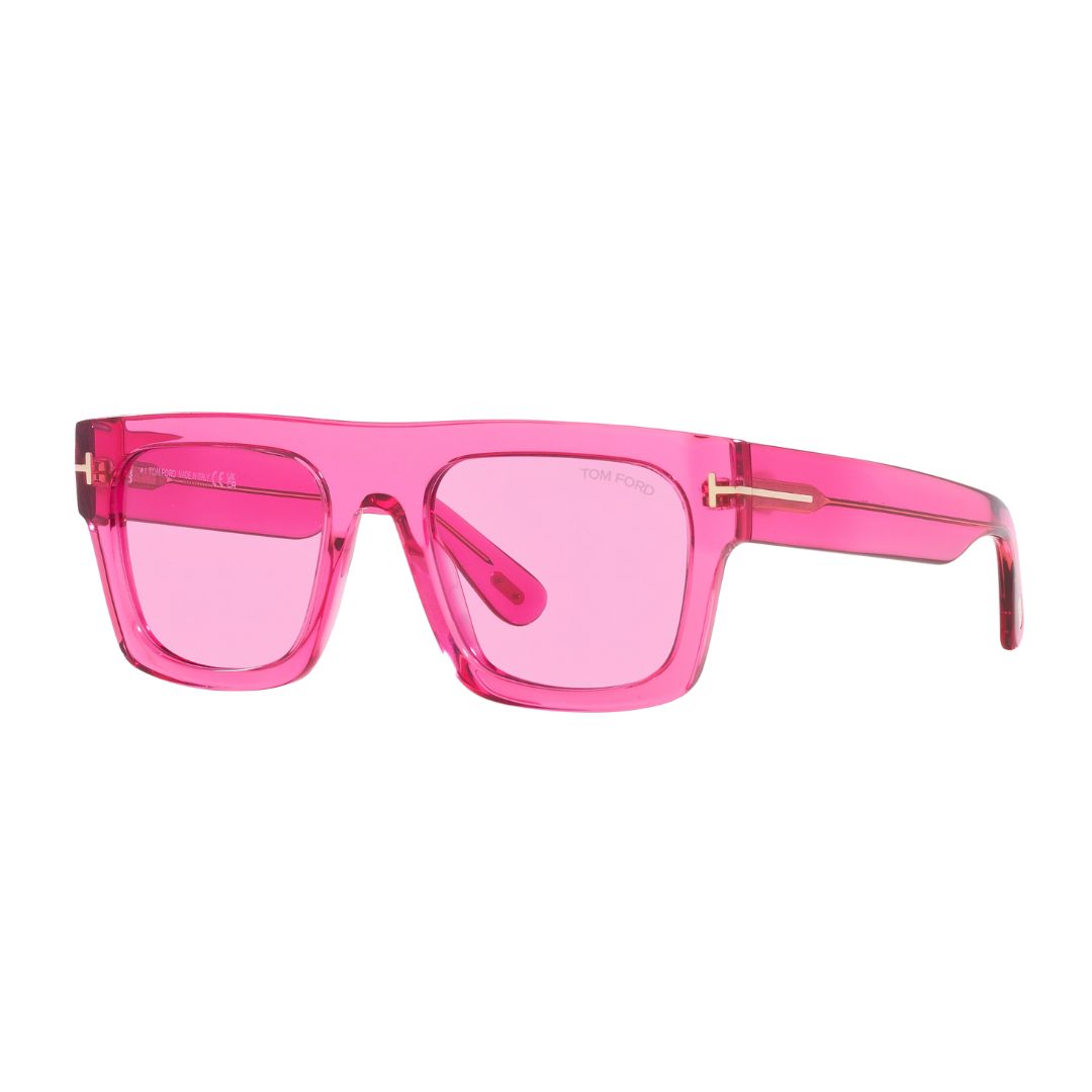 Tom Ford FT0711 Fausto sunglasses featuring a vibrant shiny fuxia pink acetate frame. The rectangle silhouette is paired with solid bordeaux lenses and the signature gold 'T' temple logo.