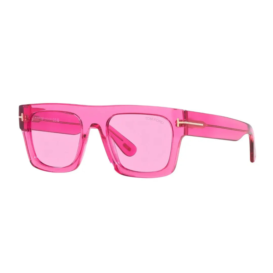 Tom Ford FT0711 Fausto sunglasses featuring a vibrant shiny fuxia pink acetate frame. The rectangle silhouette is paired with solid bordeaux lenses and the signature gold 'T' temple logo.