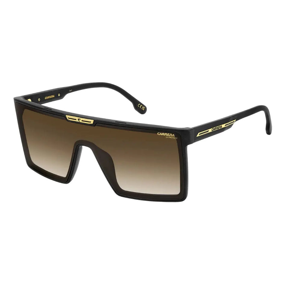 Carrera Victory C 07/S men's shield sunglasses featuring a matte black eco-polyamide frame and a single dark brown-green lens with an anti-reflective coating.
