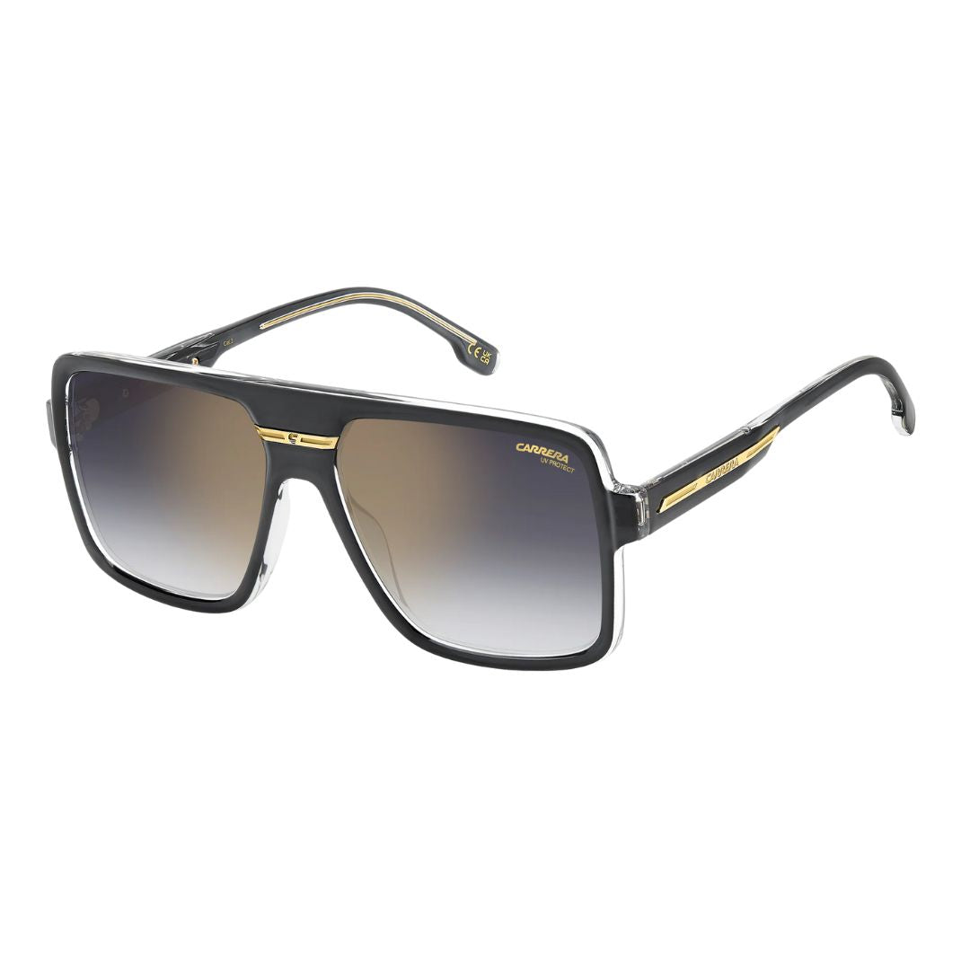Carrera Victory C 09/S men's rectangular sunglasses featuring a transparent grey eco-polyamide frame and grey shaded lenses with a gold mirror finish.