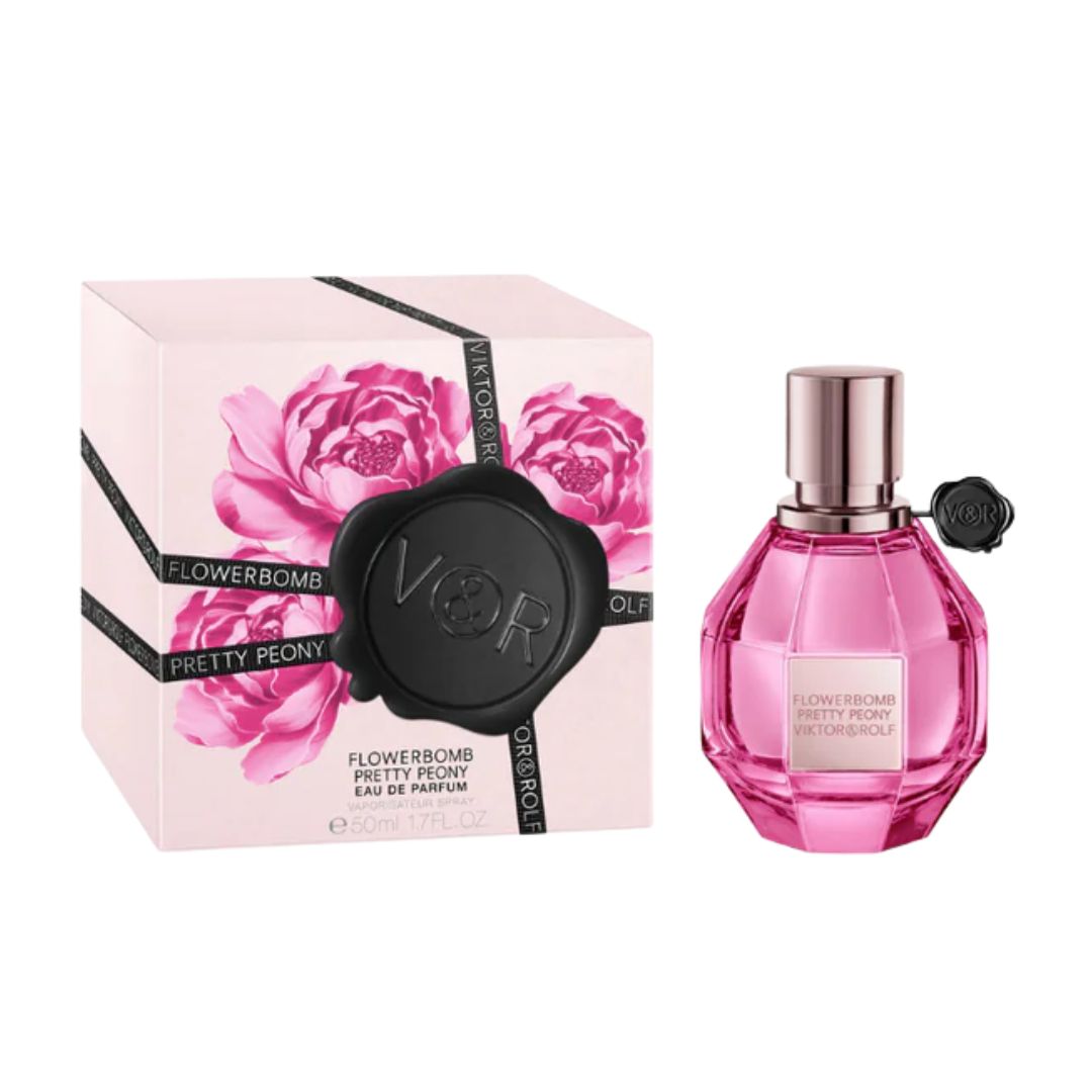 Viktor & Rolf Flowerbomb Pretty Peony 50ml perfume bottle and packaging on a white background