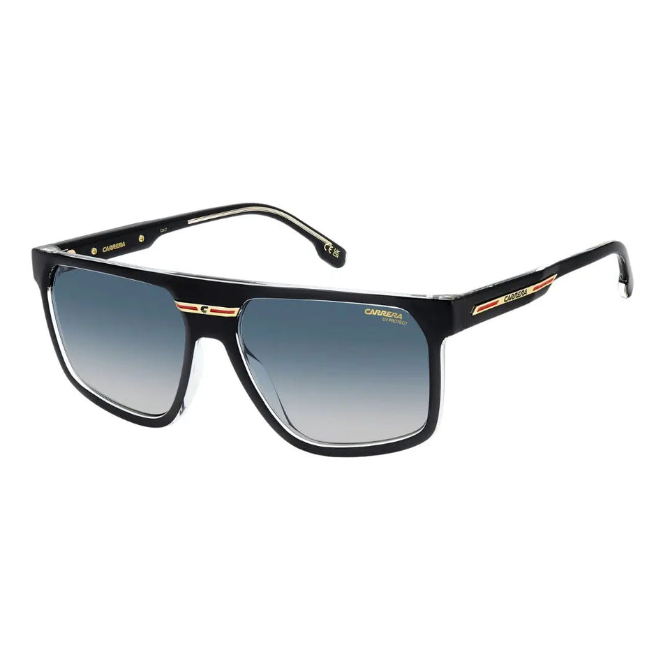 Carrera Victory C 14/S unisex sunglasses featuring a two-tone black and transparent crystal eco-polyamide frame. The square flat-top design is paired with dark blue shaded lenses.