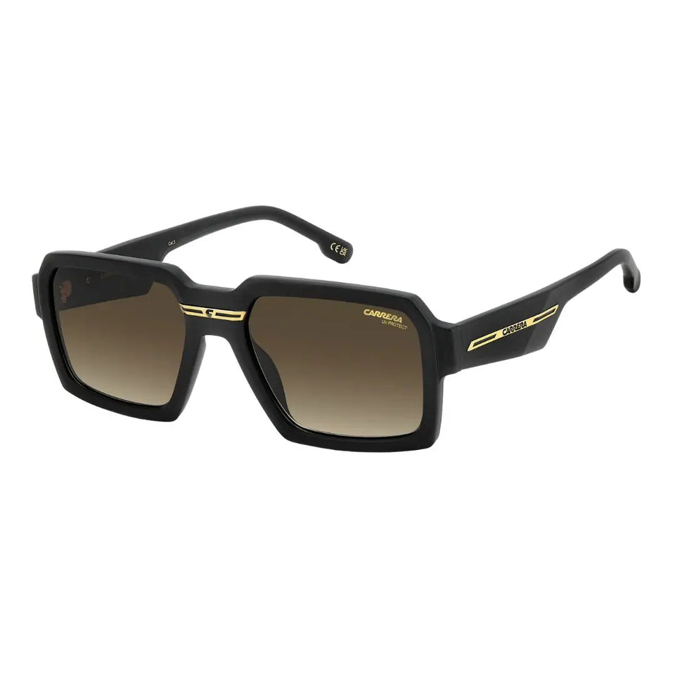 Carrera Victory C 15/S men's rectangular sunglasses in matte black featuring an eco-polyamide frame and brown gradient organic lenses with 100% UV protection.