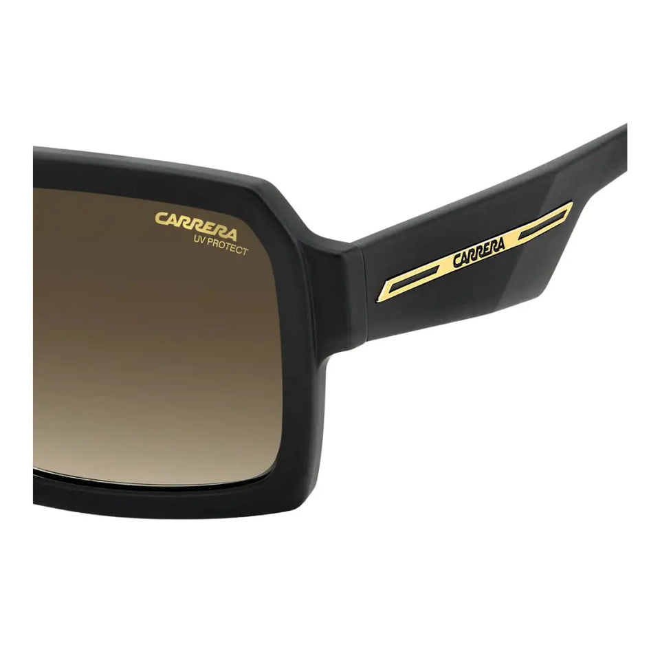 Side look Carrera Victory C 15/S men's rectangular Black Carrera sunglasses with gold accents on a white background