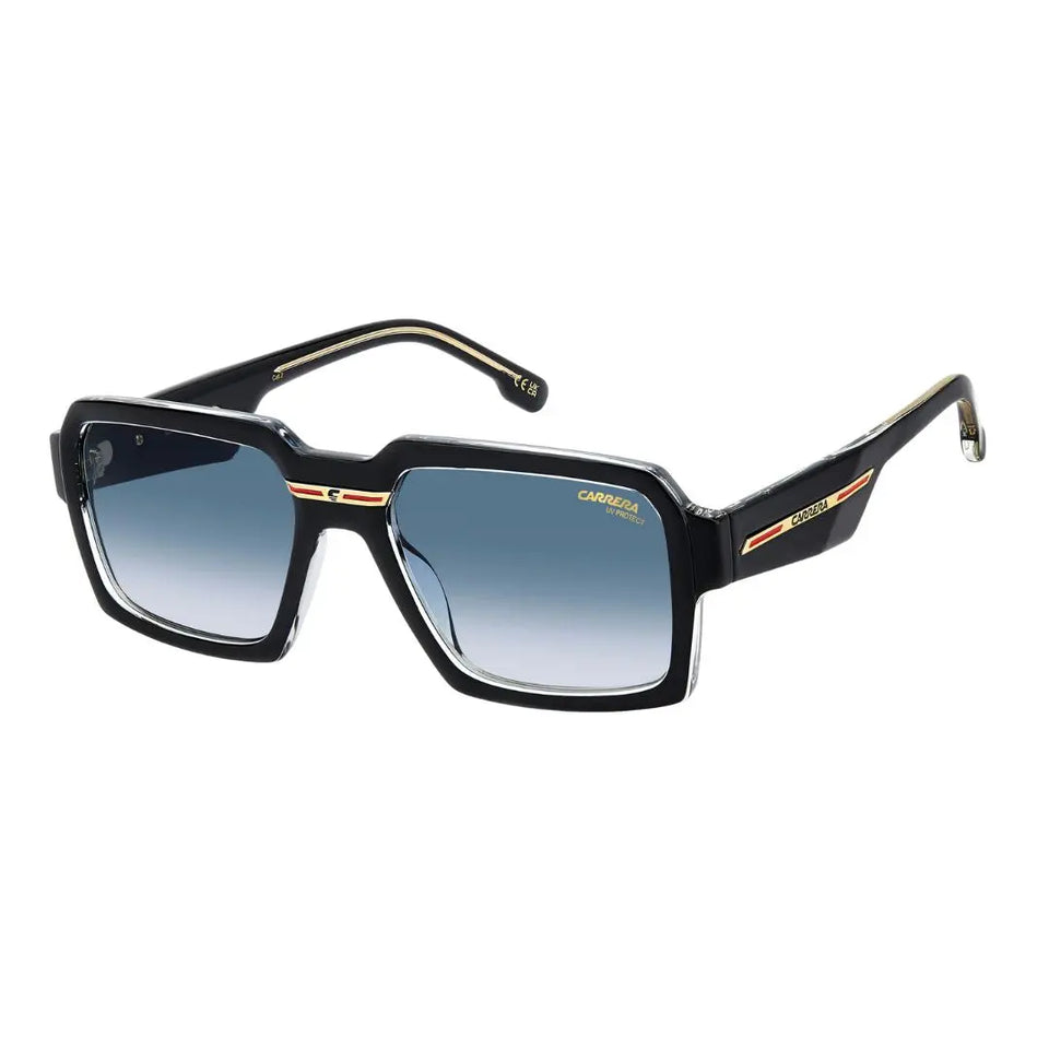 Carrera Victory C 15/S men's rectangular sunglasses featuring a two-tone black and transparent crystal eco-polyamide frame. The design is paired with dark blue shaded lenses for a modern look.