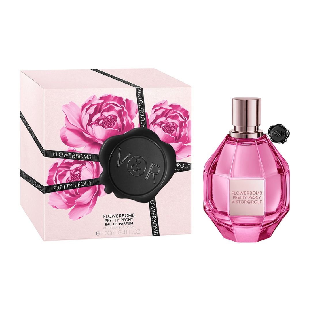Viktor & Rolf Flowerbomb Pretty Peony EDP 100ml Pink perfume bottle and packaging with floral design on a white background