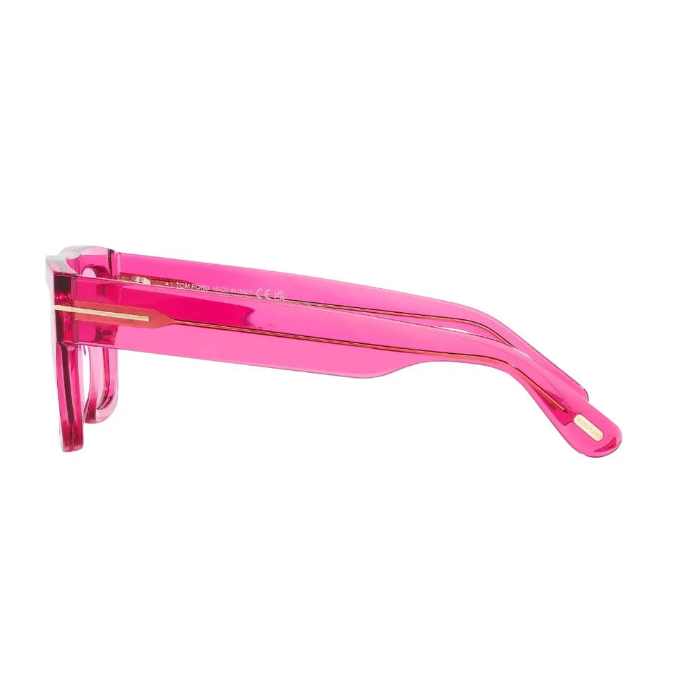 Side look Tom Ford FT0711 Fausto Pink sunglasses with gold accents on a white background
