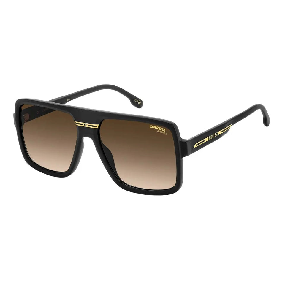 Carrera Victory C 09/S men's rectangular sunglasses in matte black with gold detailing. The eco-polyamide frame features dark brown-green anti-reflective lenses.