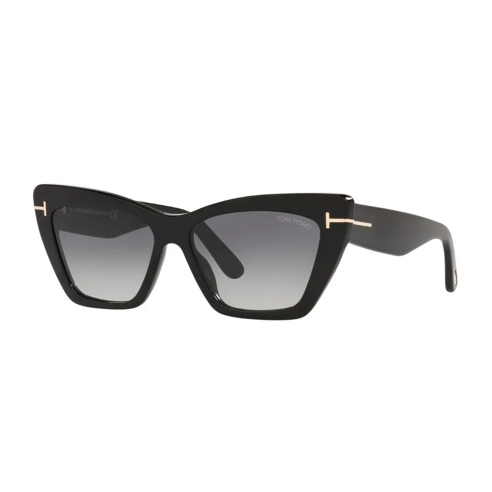 Tom Ford FT0871 Wyat sunglasses for women featuring a shiny black cat-eye acetate frame. The grey gradient lenses are paired with the signature gold 'T' logo at the temples.