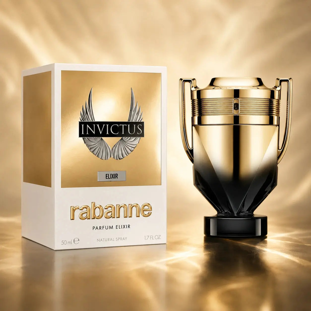 Rabanne Invictus Elixir Parfum 50ml bottle in a refined luxury display with warm golden lighting and a dark premium backdrop.