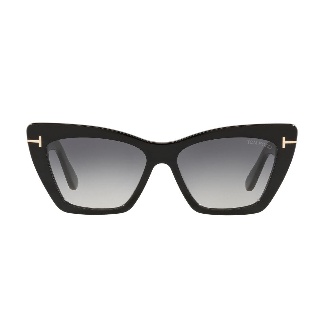 Tom Ford FT0871 Black cat-eye sunglasses with gold accents on a white background