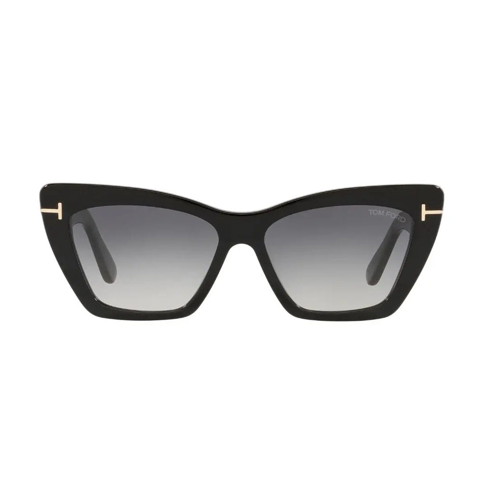 Tom Ford FT0871 Black cat-eye sunglasses with gold accents on a white background