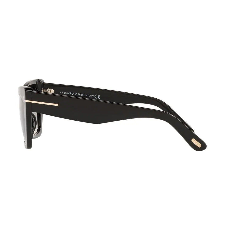 Side look Tom Ford FT0871 Black sunglasses with gold accents on a white background
