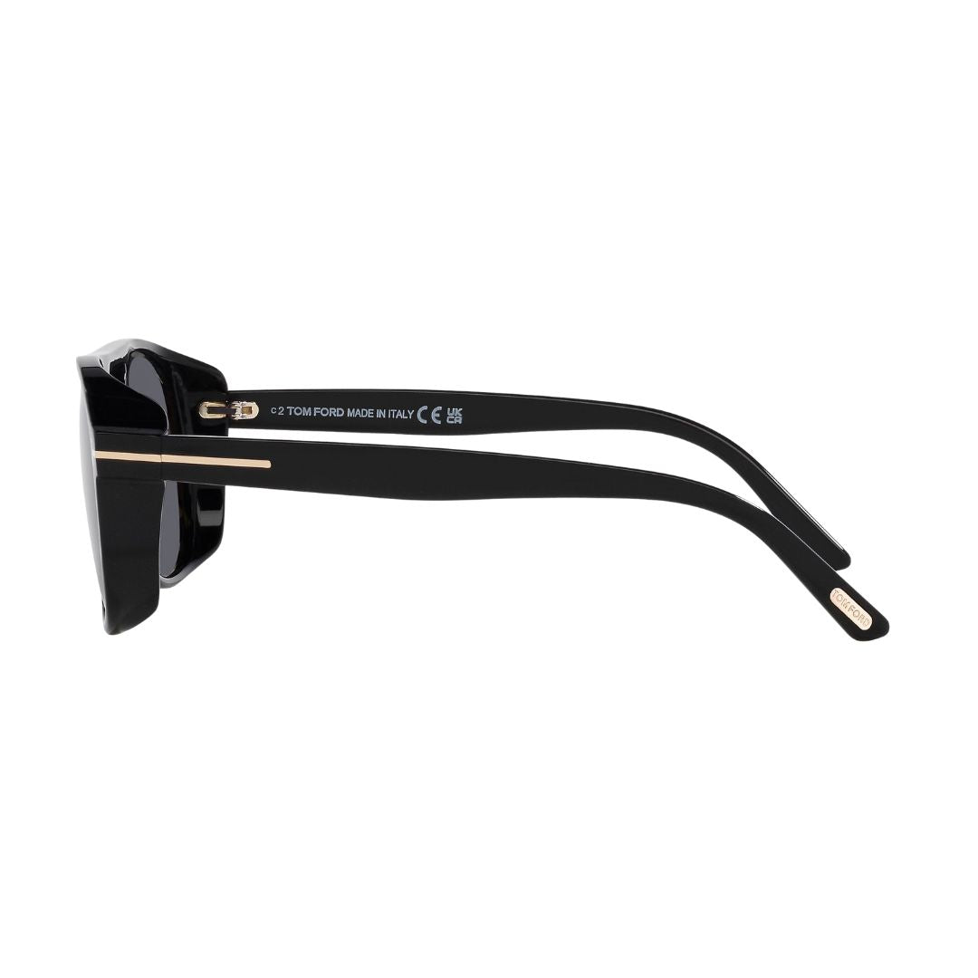 Side look Tom Ford FT1022 Rosco Black sunglasses with gold accents on a white background