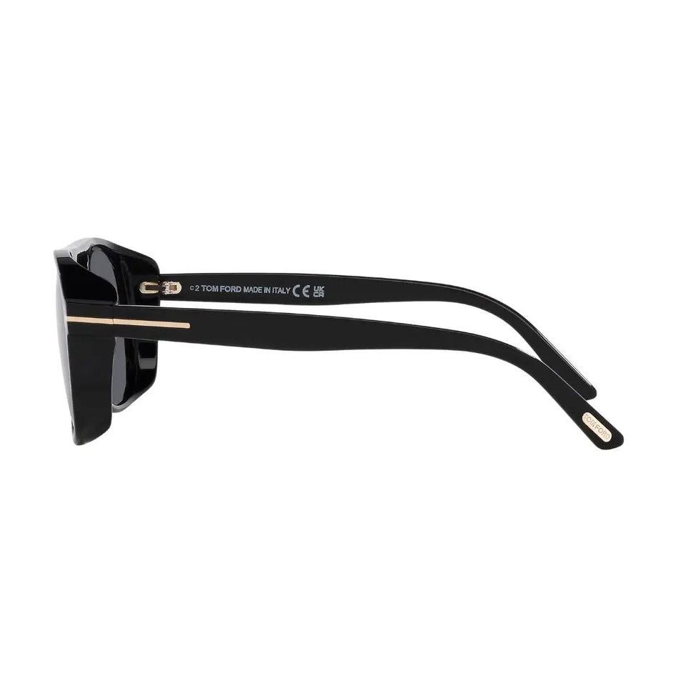 Side look Tom Ford FT1022 Rosco Black sunglasses with gold accents on a white background