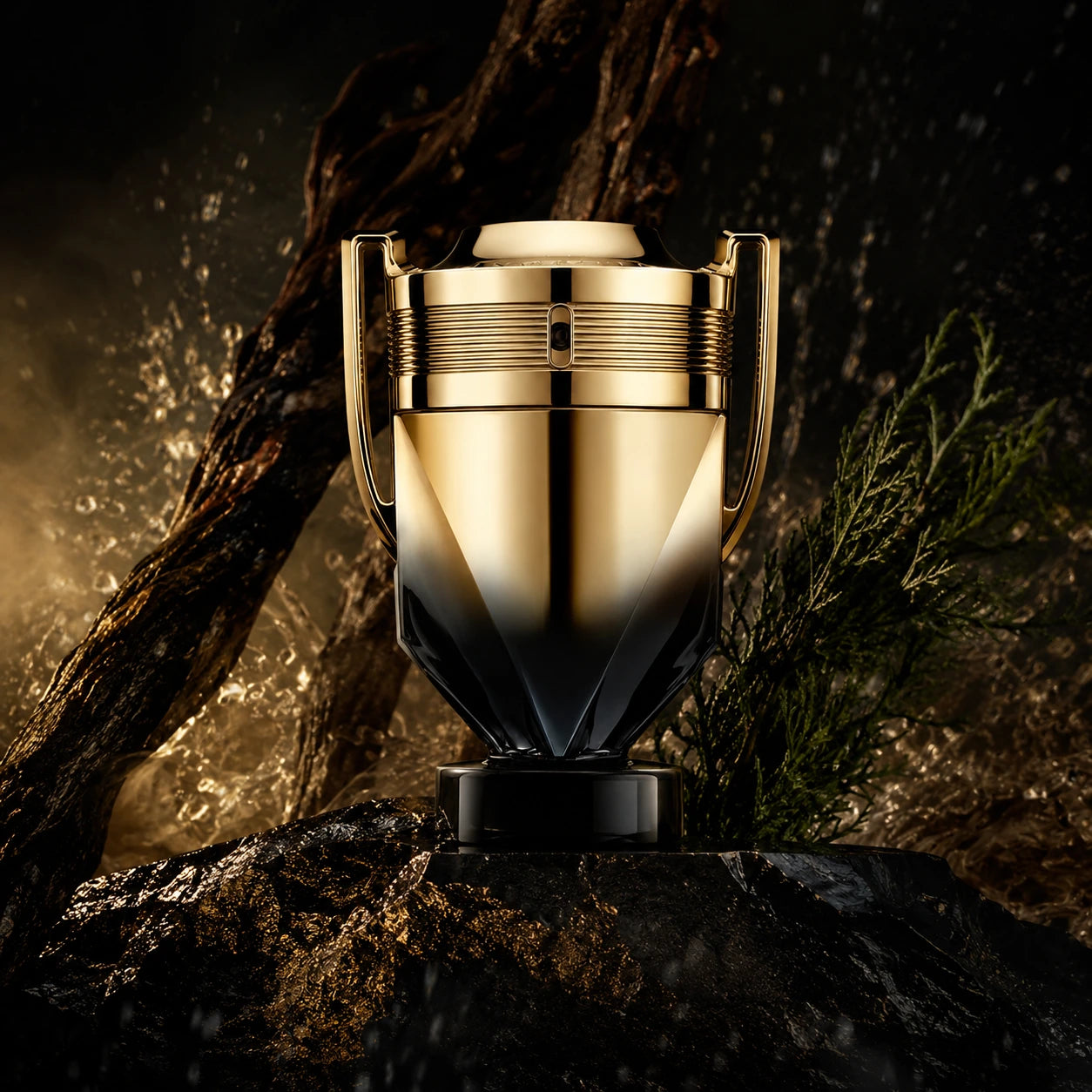 Rabanne Invictus Elixir Parfum 50ml bottle styled like a golden trophy among misty stone textures for a bold masculine fragrance mood.
