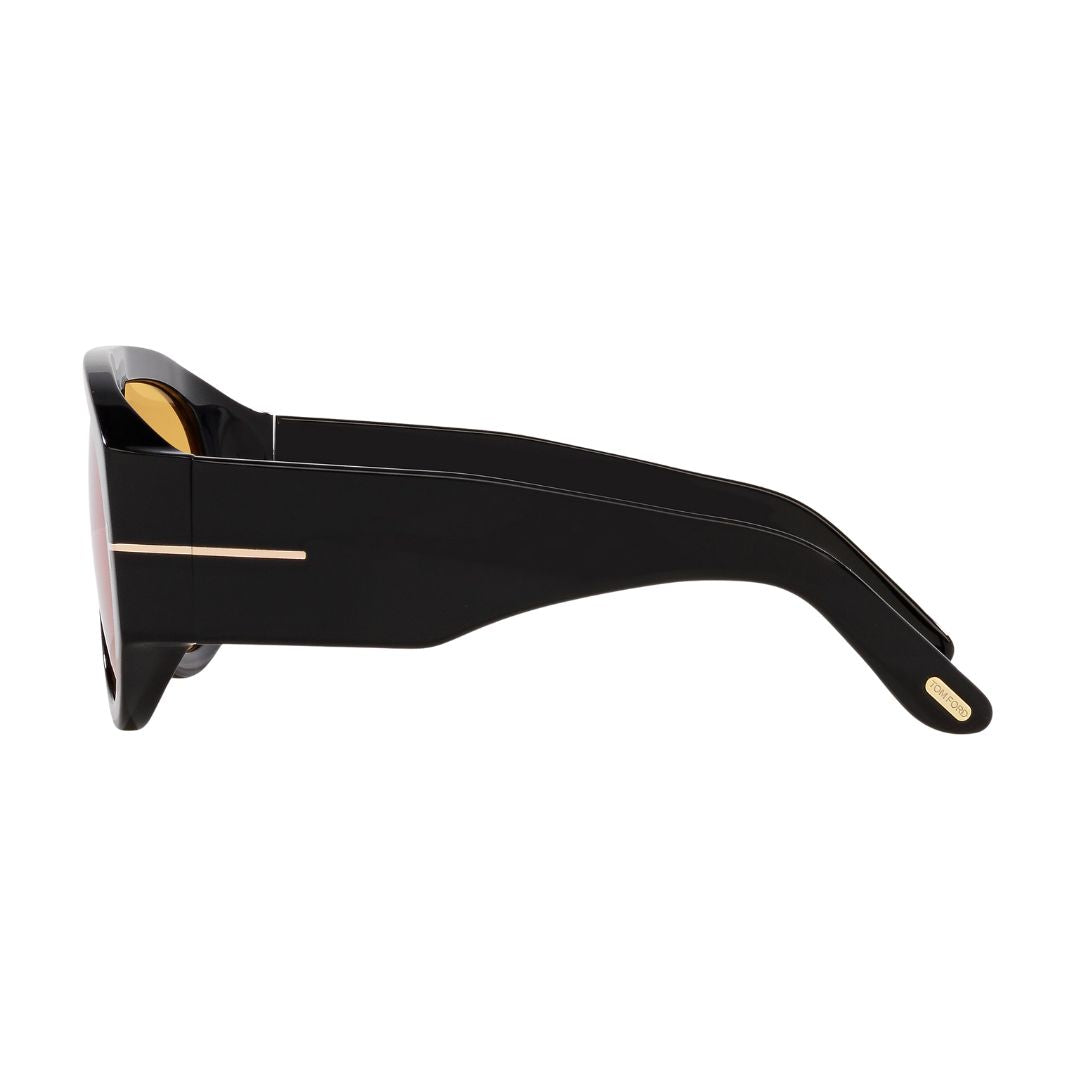 Side look Tom Ford FT1044 Black sunglasses with gold accents on a white background