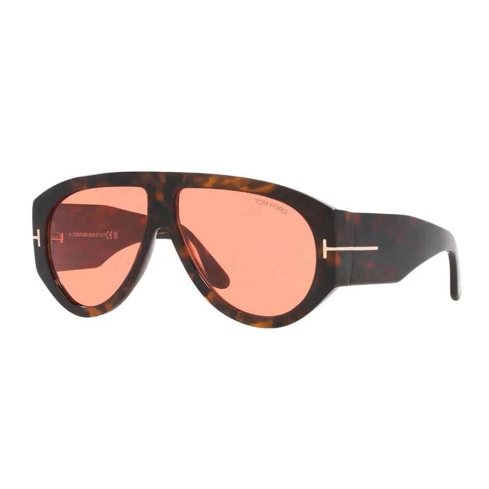 Tom Ford FT1044 sunglasses for men in a rich Dark Havana tortoiseshell acetate. The bold pilot frame is paired with unique solid bordeaux red lenses and signature gold 'T' temple logos.